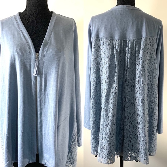 LOGO Lori Goldstein Blue Lace Back Zip Cardigan